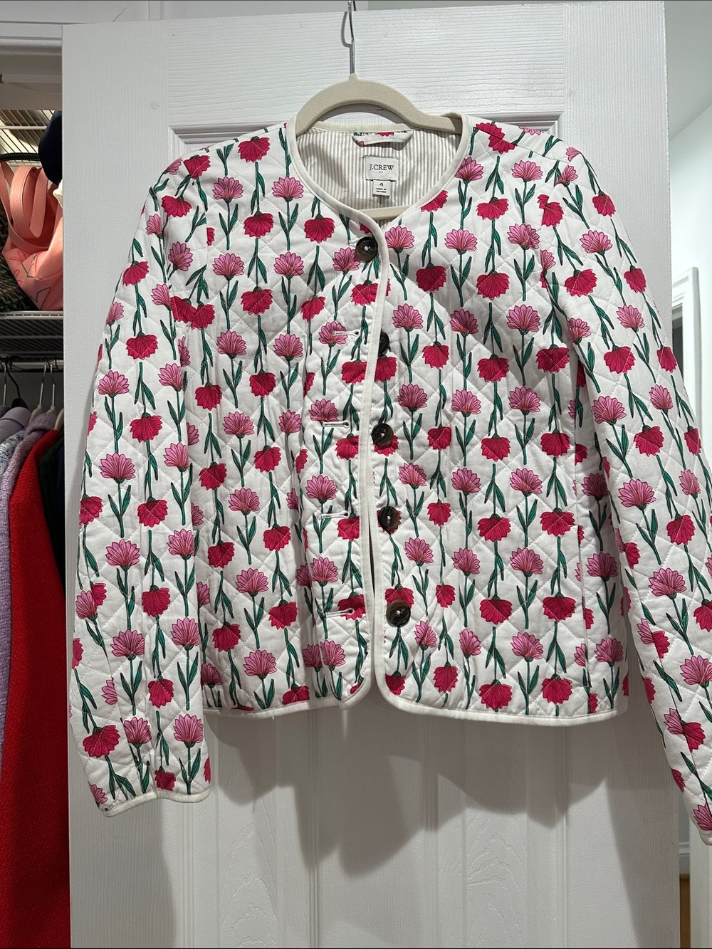 J. Crew White Quilted Jacket with Pink & Red Floral Embroidery - Picture 1 of 5